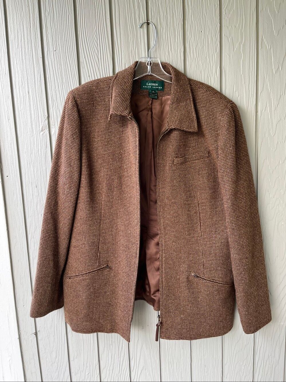 Ralph Lauren Wool Tweed Suede Collar Zip Jacket Size 16 Equestrian Fall